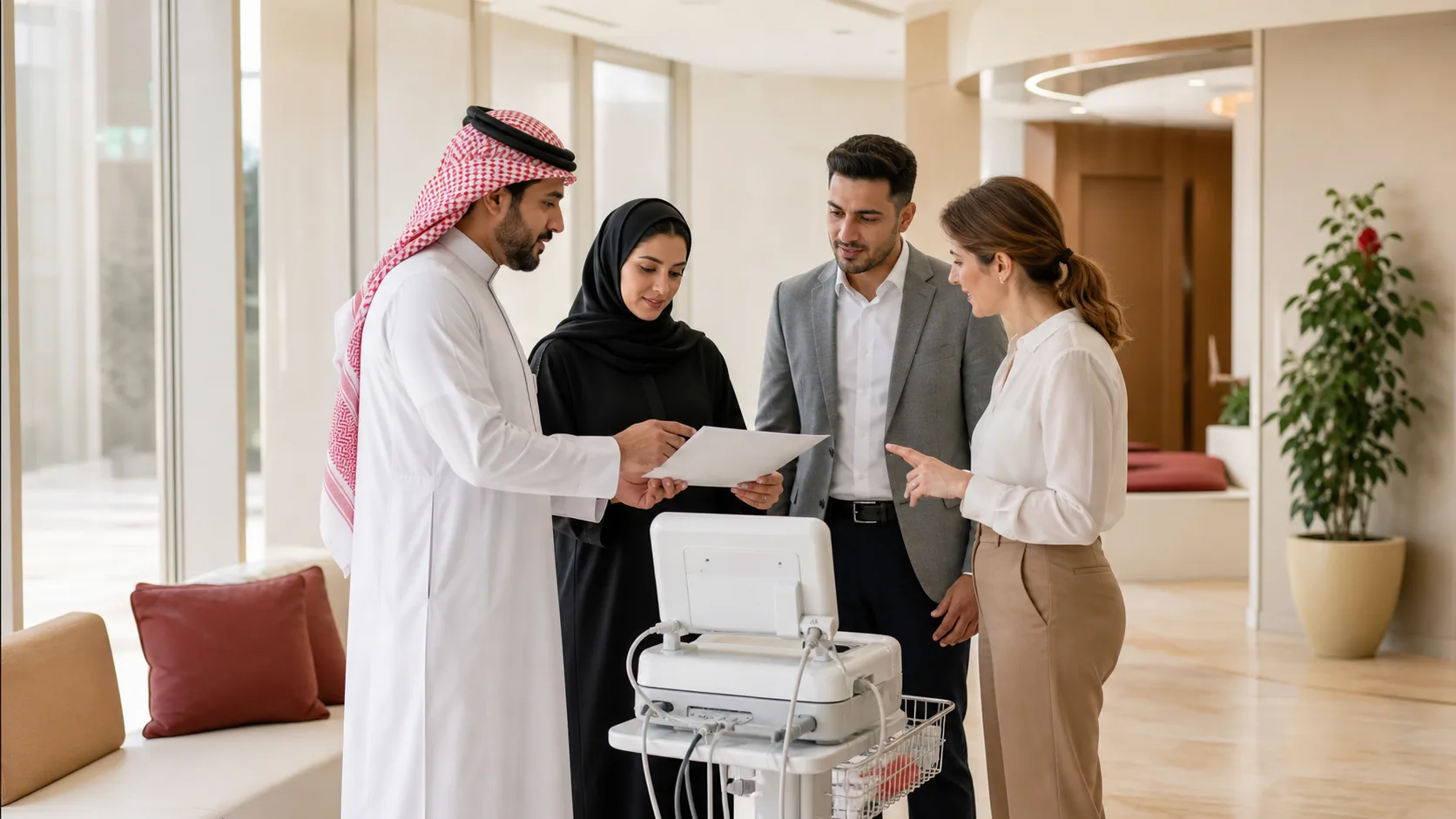 فريق مشتريات صحي سعودي يراجع مواصفات جهاز طبي